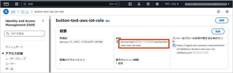 アイデンティティーおよびアクセス管理 (Identity and Access Management) のロール作成画面で Amazon Web Services (AWS) Internet of Things (IoT) Core 送信権限を設定する様子