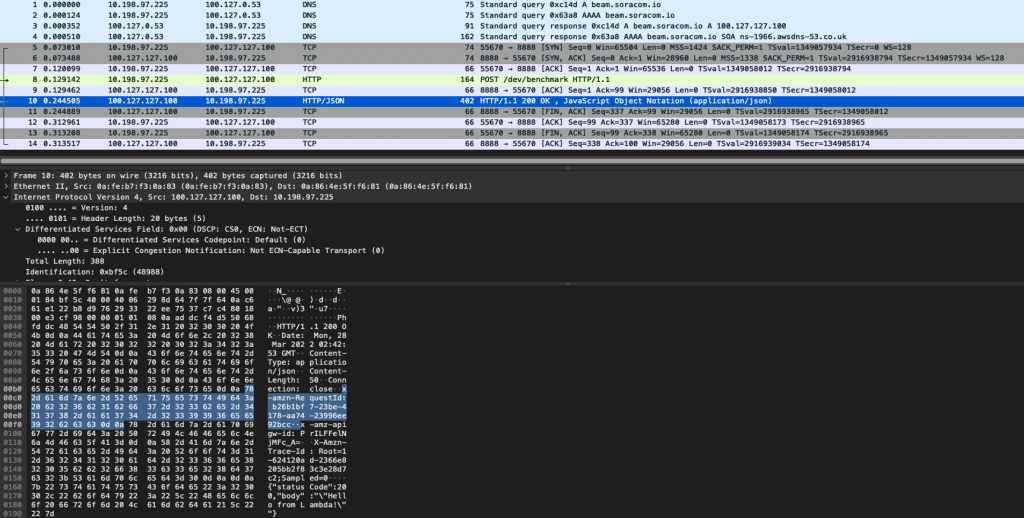 パケットキャプチャ: HTTP と SORACOM Beam の組み合わせでは TCP の 3 ウェイハンドシェイク後に HTTP POST が送信される