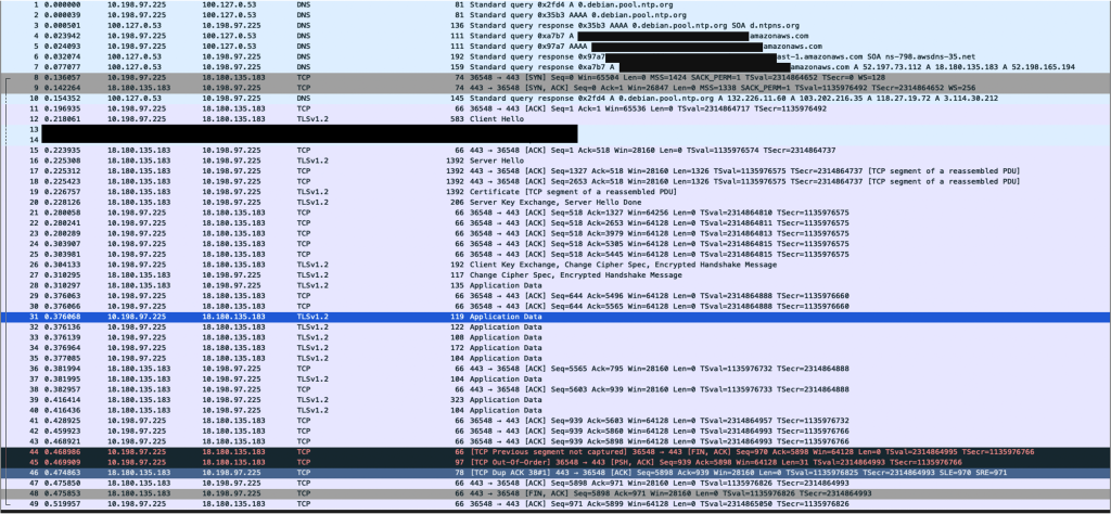 パケットキャプチャ: HTTPS 直接通信では TCP の 3 ウェイハンドシェイクと TLS 鍵交換のあとに暗号化された Application Data が送信される