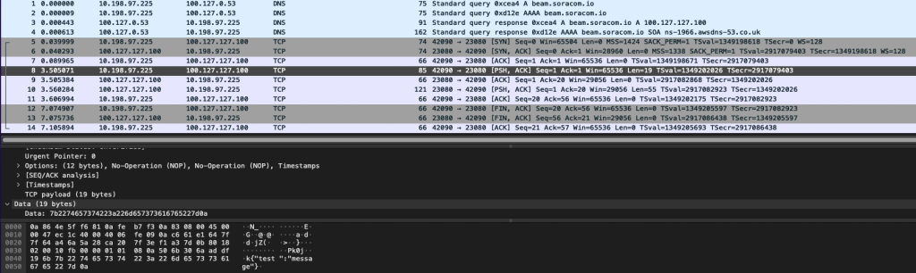パケットキャプチャ: TCP と SORACOM Beam の組み合わせでは TCP の 3 ウェイハンドシェイク後にデータが送信される