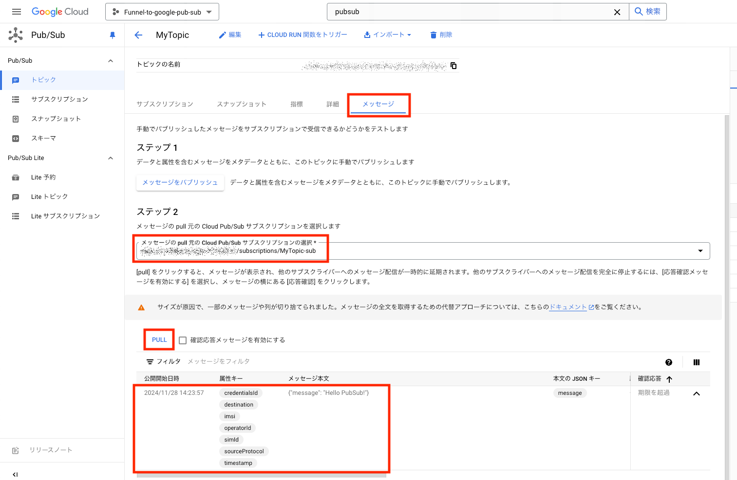 Pub/Sub 側受信確認