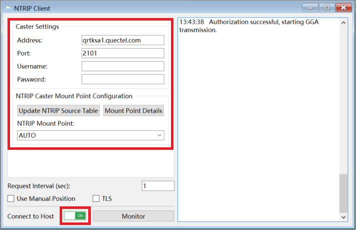 QGNSS の Caster Settings 設定画面